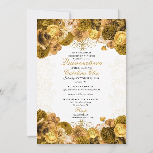 Gold Floral Quinceanera Invitation Anniversaire (Devant)