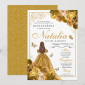 Gold Floral Quinceanera Invitation Anniversaire (Devant / Derrière)