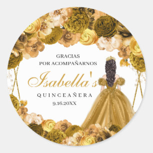 Gold Floral Quinceanera Round Stickers