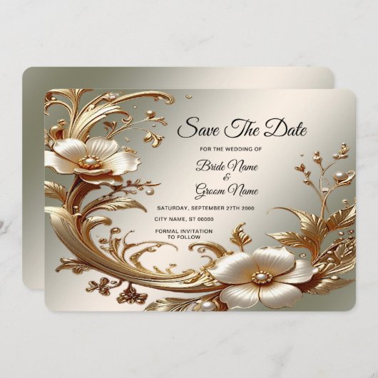 Gold Floral Save The Date (Devant / Derrière)
