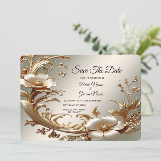 Gold Floral Save The Date (Debout devant)