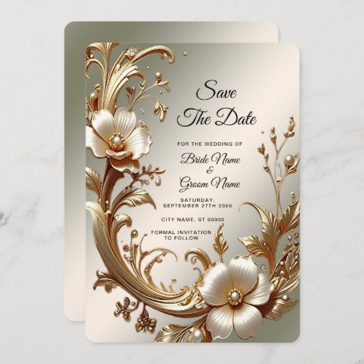 Gold Floral Save the Date (Devant / Derrière)
