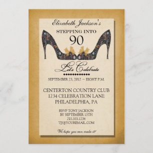 Gold Floral Shoe 90th Birthday Uitnodiging