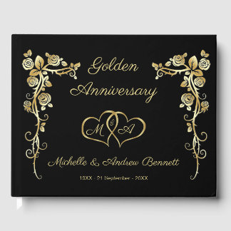 Gold Floral Swirls Hearts 50th Wedding Jubileum Gastenboek
