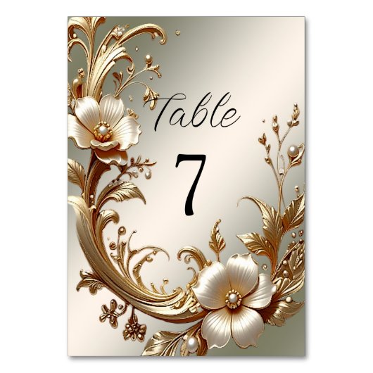 Gold Floral Table Number Kaart (Voorkant)