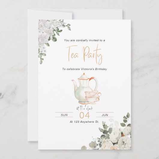 Gold Floral Tea Party Anniversaire Invitation (Devant)