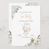 Gold Floral Tea Party Anniversaire Invitation (Devant / Derrière)