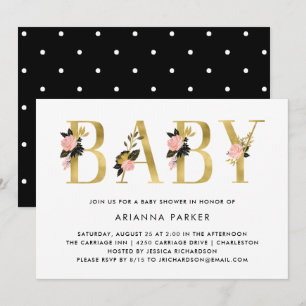 Gold Floral-tekst met zwart Baby shower Kaart