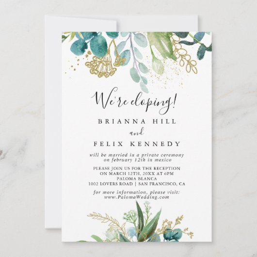 Gold Floral Tropical Green Elopement Reception Kaart (Voorkant)