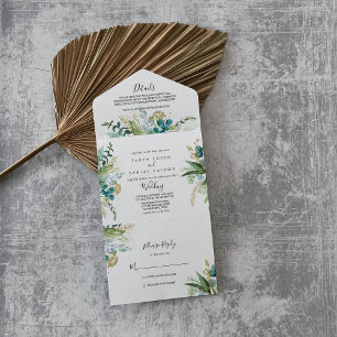 Gold Floral Tropical Greenery Wedding All In One Uitnodiging