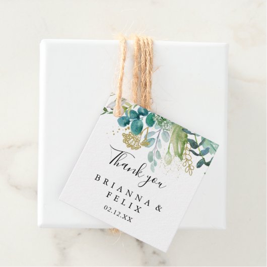 Gold Floral Tropical Greenery Wedding Bedankjes Labels (In situ)