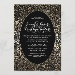 Gold Floral Vintage Black Wedding Invitations