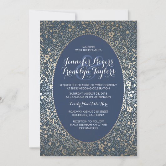Gold Floral Vintage Marine Invitations de mariage (Devant)
