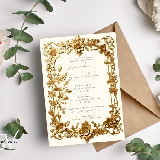 Gold Floral Vintage Wedding Invitation