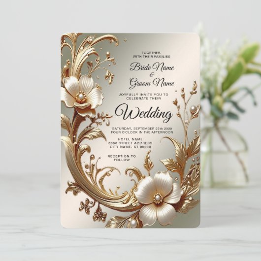 Gold Floral Wedding Invitation (Debout devant)