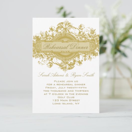 GOLD FLORAL WEDDING REHEARSAL DINER CARD KAART (Staand voorkant)