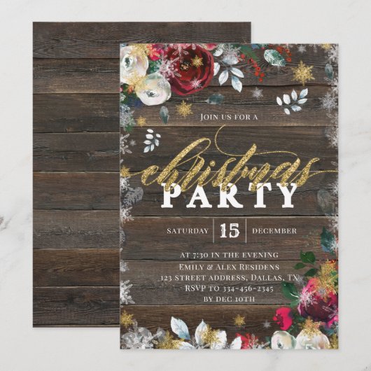 Gold Floral Wood - Uitnodiging voor Kerstmis (Voorkant / Achterkant)