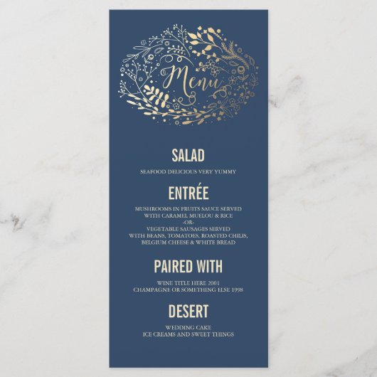 Gold Florals Elegant Marine Blue mariage cartes me (Devant)