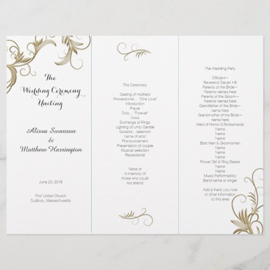 Gold Flourish White Tri-Fold Wedding Programme (Devant)