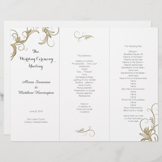 Gold Flourish White Tri-Fold Wedding Programme (Devant / Derrière)