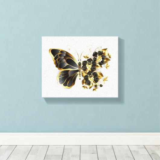 Gold Flower Butterfly met Black Orchid Canvas Afdruk (Insitu (Houten vloer))