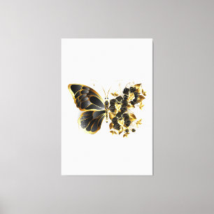 Gold Flower Butterfly met Black Orchid Canvas Afdruk