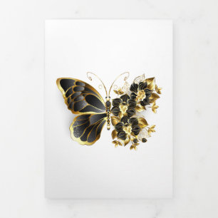 Gold Flower Butterfly met Black Orchid Drieluik Wenskaart