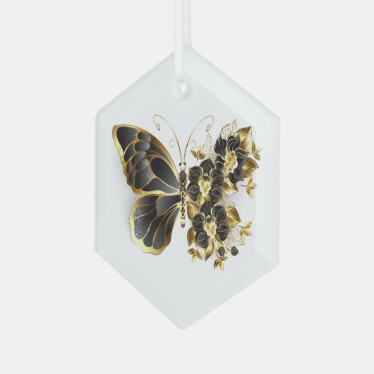 Gold Flower Butterfly met Black Orchid Glas Ornament (Voorkant links)