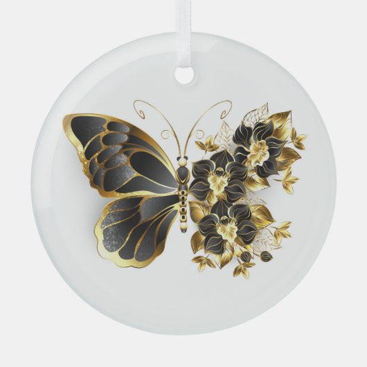 Gold Flower Butterfly met Black Orchid Glas Ornament (Voorkant)