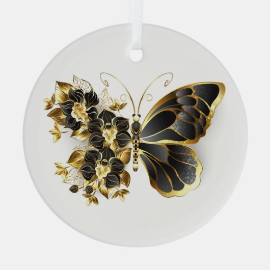 Gold Flower Butterfly met Black Orchid Glas Ornament (Achterkant)