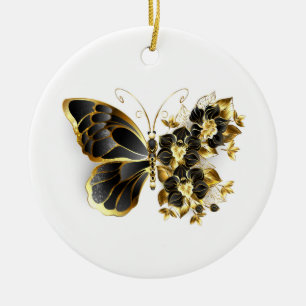 Gold Flower Butterfly met Black Orchid Keramisch Ornament
