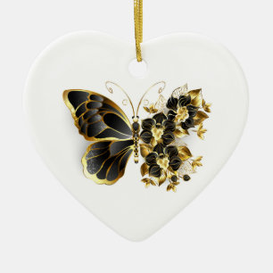 Gold Flower Butterfly met Black Orchid Keramisch Ornament