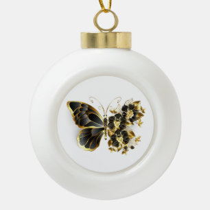 Gold Flower Butterfly met Black Orchid Keramische Bal Ornament