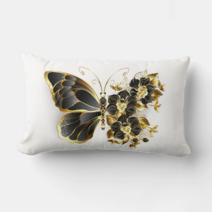 Gold Flower Butterfly met Black Orchid Kussen