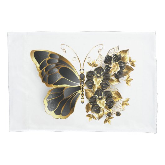 Gold Flower Butterfly met Black Orchid Kussensloop (Voorkant)