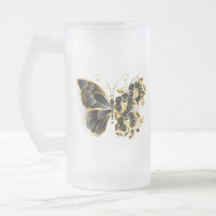Gold Flower Butterfly met Black Orchid Matglas Bierpul