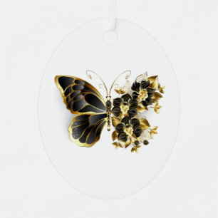 Gold Flower Butterfly met Black Orchid Metalen Ornament