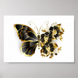 Gold Flower Butterfly met Black Orchid Poster