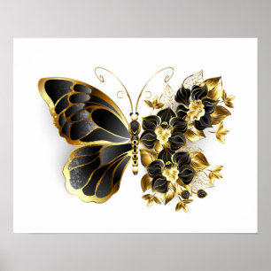Gold Flower Butterfly met Black Orchid Poster