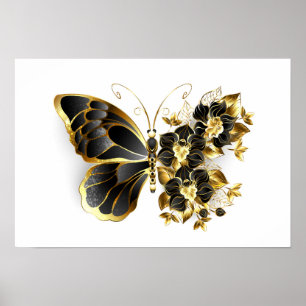 Gold Flower Butterfly met Black Orchid Poster