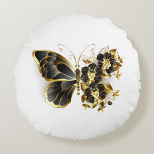 Gold Flower Butterfly met Black Orchid Rond Kussen