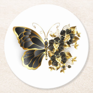 Gold Flower Butterfly met Black Orchid Ronde Kartonnen Onderzetter