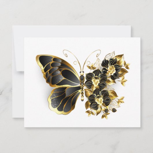 Gold Flower Butterfly met Black Orchid RSVP Kaartje (Voorkant)