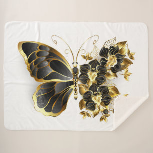 Gold Flower Butterfly met Black Orchid Sherpa Deken