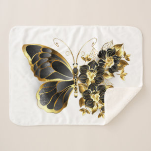 Gold Flower Butterfly met Black Orchid Sherpa Deken