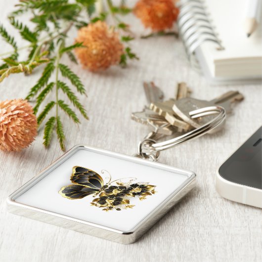 Gold Flower Butterfly met Black Orchid Sleutelhanger (Zijkant)