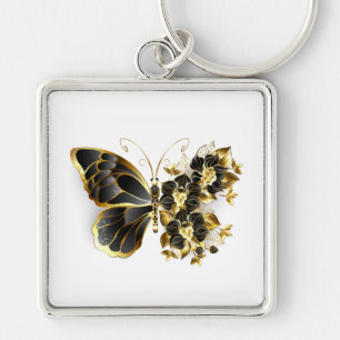 Gold Flower Butterfly met Black Orchid Sleutelhanger