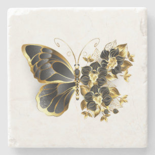 Gold Flower Butterfly met Black Orchid Stenen Onderzetter