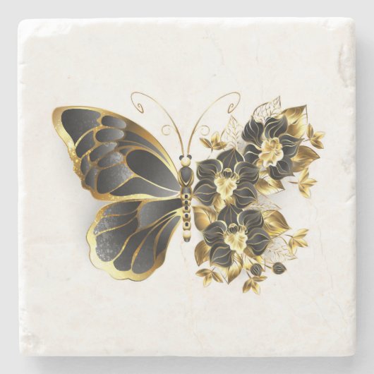 Gold Flower Butterfly met Black Orchid Stenen Onderzetter (Voorkant)