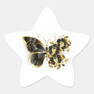 Gold Flower Butterfly met Black Orchid Ster Sticker